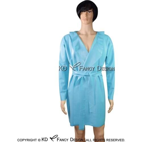 Lake Blue Sexy Latex Robe With Belt Rubber Nightgown Nightdress Jacket Coat YF-0050
