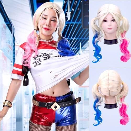 Halloween Harleen Wig Quinzel Sucide Gloves Harley Hair Quinn Suicide Women Squad Synthetic Wig Harleen Costume Quinzel Cosplay