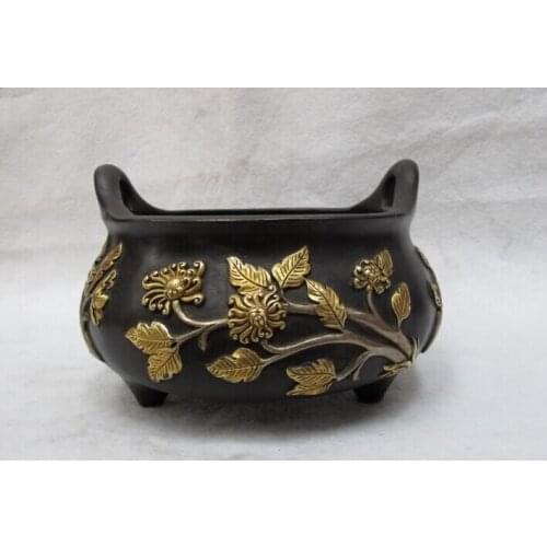 Song voge gem S0646 100% purple Bronze 24K Gold Gild peach lotus flower chrysanthemum incense burner