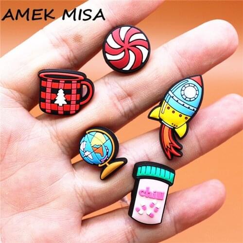 Dropshipping 1pcs Cute Globe PVC Shoe Charms Rocket Cup Accessories Chill Sugar Shoe Decorations fit Croc Bracelet Kids Gifts