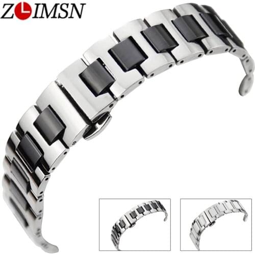 ZLIMSN Black White Ceramic Watchbands 16 20mm Bands Link Stainless Steel Watch Strap Bracelet Watches Accessories Relojes Hombre