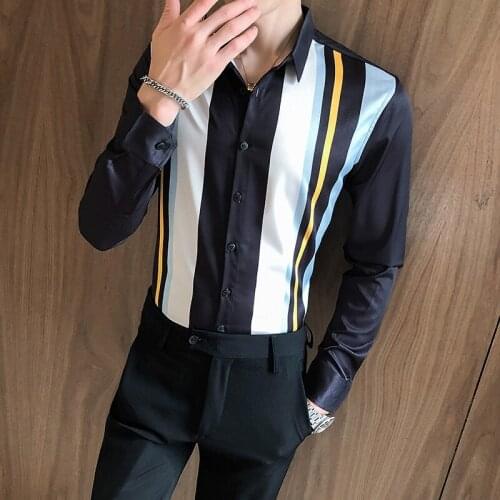 2021 Striped Long Sleeve Shirts for Men Slim Casual Dress Shirt Business Formal Streetwear Social Party Blouse Camisa Masculina