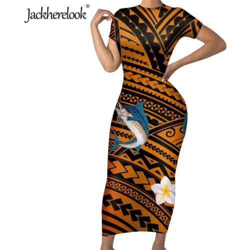 Jackherelook Vintage Pencil Dress for Womens Slim Party Clothes Polynesian Samoa Rasta Pacific Tuna Animal Print Bodycon Dresses