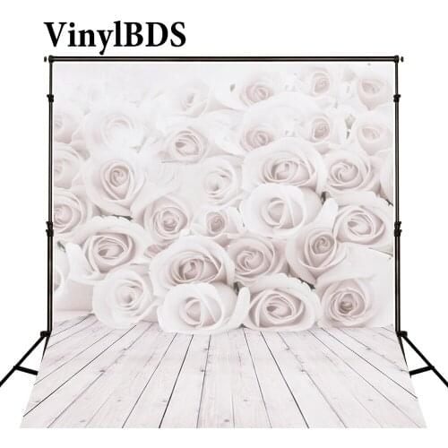 VinylBDS Romantic Blooming Roses Wedding Background White Wood Floor Backdrop Vintage Flower Children Backdrop for Photo Studio