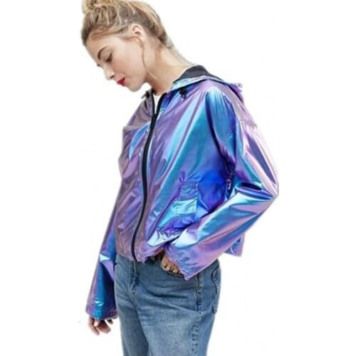 Women Metallic Waterproof Loose Hooded Jackets Large Size Fashion Casual Blue Shiny Reflective Jacket XXL Spring Hot Girls Coat