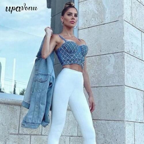 Streetwear Two-piece Womens Set Spaghetti Strap Sleeveless Diamond Denim Top Vest + Tight Pencil Pants Bandage Set 2020 New