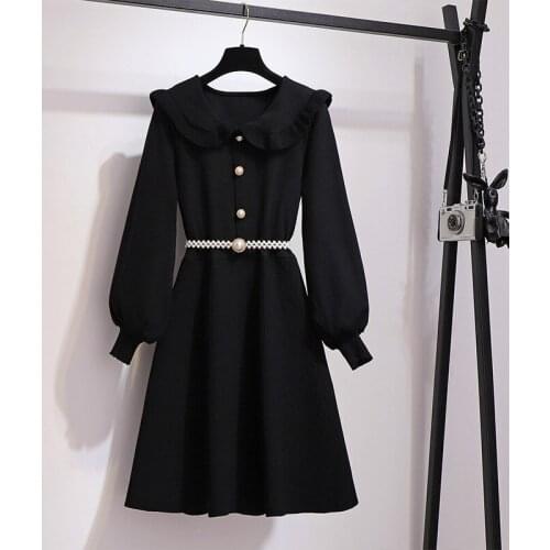 Hepburn style womens Lantern Sleeve autumn and winter new waist closing black dress