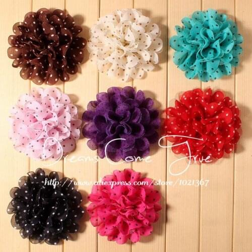 200pcs/lot 3.5" 8Colors Newborn DIY Crochet Fabric Chiffon Flower Accessory Artificial Fashion Tulle Mesh Flowers With Polka Dot