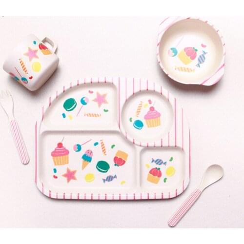 5Pcs/Set Baby Feeding Bowl Plate Dishes Fork Spoon Cup Bamboo Fiber Cute Kid Food Eating Tableware Set Kid Training Dinner Plate