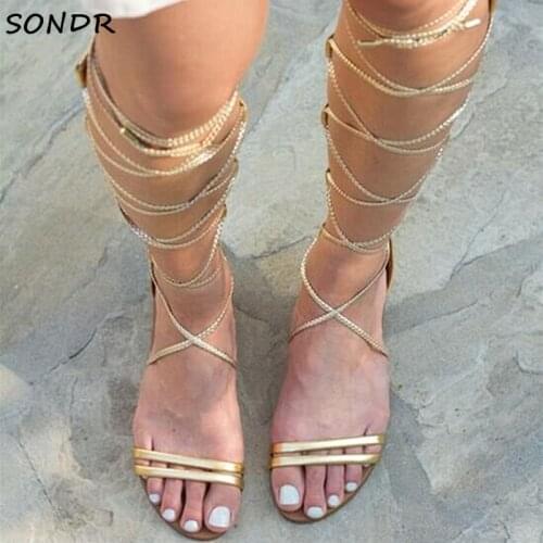 Womens Fashion Gold Rope Strap Gladiator Over The Knee Sandals Boots Summer Flats Strippers Shoes Lace Up Thigh High Boots 2021