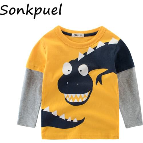 2-8 Years Kids T-shirts Boys Dinosaur Print Tops Girls Splice Long Sleeve T Shirt Children Autumn Winter Solid Cotton Sweatshirt