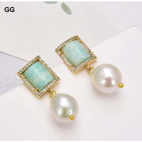 GuaiGuai Jewelry Natural White Keshi Pearl Natural Green Amazonite CZ Stud Lever Back Earrings Trendy For Women