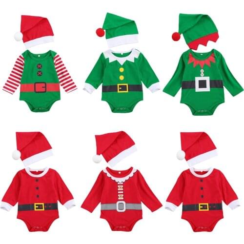 Christmas 0-12M Newborn Baby Girls Boys Party Romper Hats 2pcs Long Sleeve Cotton Xmas Jumpsuits Outfits