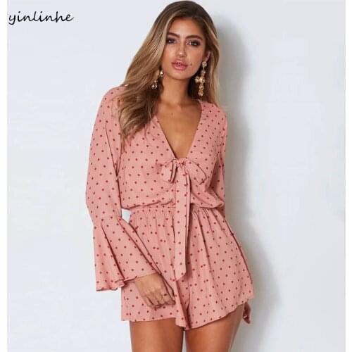 Yinlinhe Pink Polka Dot Playsuit Women Long Sleeve Loose Summer Beach Overalls V neck Sexy Short Jumpsuit Women Rompers Boho 810