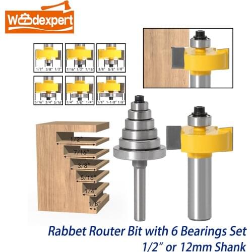 1/2' /12mm Shank Rabbet Router Bit with 6 Adjustable Carbide Tipped Rabbeting/Bearings - 3/8",1/2",5/8",3/4",7/8",1-1/8"