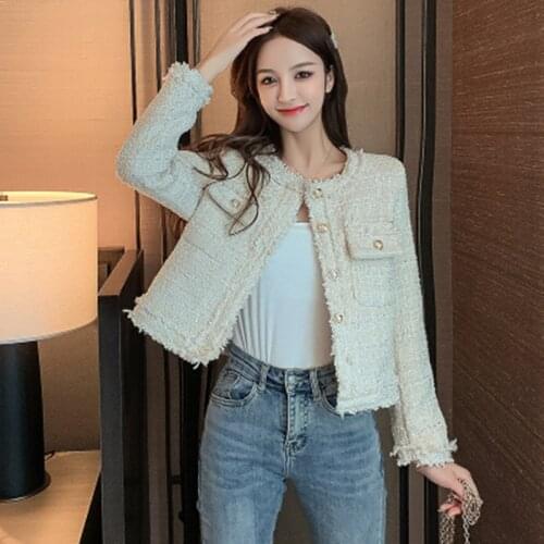 Autumn New Designer Classic Tweed Short Jackets Coat Women Single Breasted Button Casual Outerwear Coats Lady Vintage