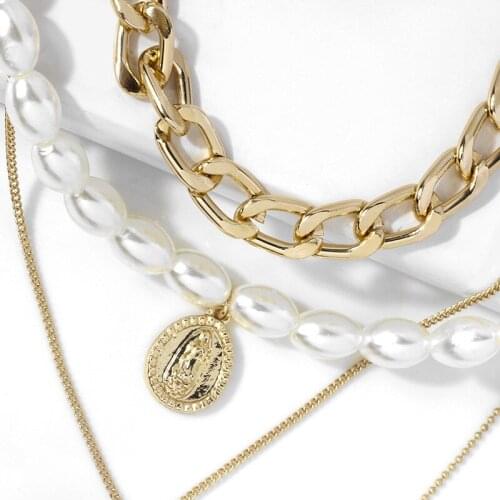 VG 6YM Multi-layered Chain Necklaces Pearls Portrait Coin Layered Chain Necklace For Women Hiphop Fashion Jewelry Accessories