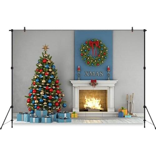 Neoback Christmas Backdrops Fireplace Indoor Photographic Background Xmas Tree Banner for Photographing