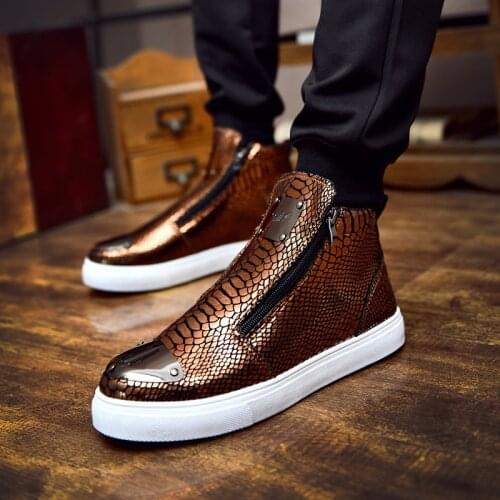 High Top Casual Shoes Men Lace-Up Vulcanized Sheos New British Style Male Shiny Pu Leather Street Shoes Men Boot Chaussure Homme