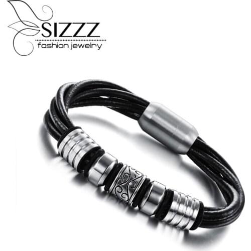 SIZZZ 20cm Long 11mm Wide Magnetic suction buckle leather mens jewelry wild bracelet for men