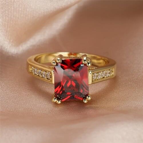 Luxury Female Red Crystal Stone Jewelry Charm Gold Color Thin Wedding Rings For Women Vintage Square Zircon Engagement Ring
