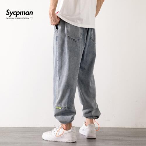 Light blue jeans mens summer thin fashion Hong Kong Style loose and thin wide leg pants elastic waist straight necked pants