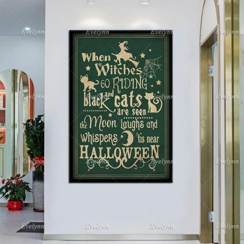 Witch And Cat Lovers When Witches Go Riding Black And Cats Area Seen Retro Poster Halloween Home Decor Prints Wall Art Canvas