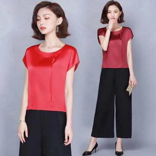 Satin Shirts Women Blouse Elegant Short Sleeve O-neck Female Silk Blouses Lady 4XL Plus Size Tops Blusas 2021 Summer X165