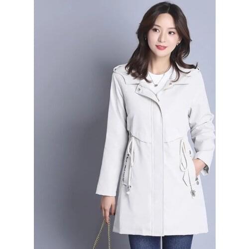 2021 New Hooded Windbreakers Womens Casual Loose Trench Coat Spring Autumn Fashion Wild Long Overcoat Black/Beige/Green Outwear