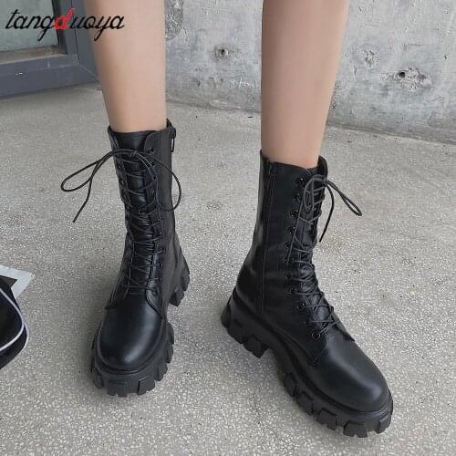 Women Motorcycle Boots Wedges Flat Shoes Woman High Heel Platform PU Leather Boots Lace Up Women Shoes Black Boots Girls
