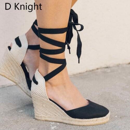 2018 Summer Ankle Strap Espadrilles Wedge Sandals Women Canvas Platform Sandals Fashion Lace up Summer Shoes Woman Plus Size 3-9