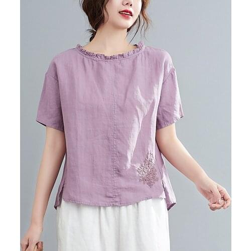 Cotton Linen Retro Embroidery Chinese Style Clothing Women Pullover T-Shirt 2021 Summer New Leisure Ladies Chinese Tops 12695