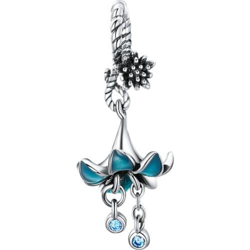 WOSTU Luxury 925 Sterling Silver Blue Flower Orchid Zircon Beads Fit Bracelet Pendant For Women Silver 925 Jewelry Making FNC034