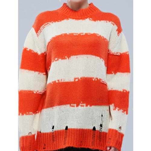 Women Fashion Stripes Knitted Sweater Ladies 2021 Early Autumn Long Sleeve Hollow Out Hole O-Neck Knitwear Pullover Tops