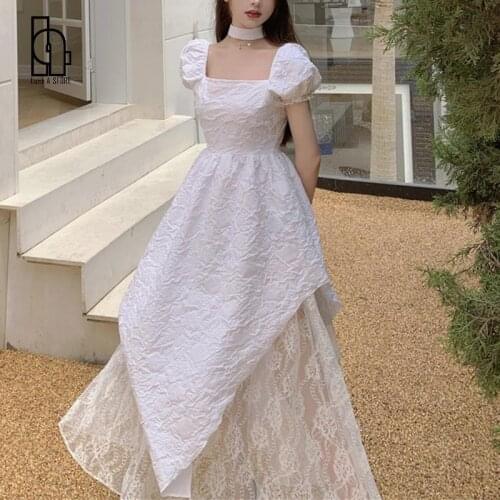 Luck A 2021 Sweet Square Collar Lace Hot Summer Ankle-Length White Dresses Asymmetrical Puff Sleeve Casual Elegant Solid Dress