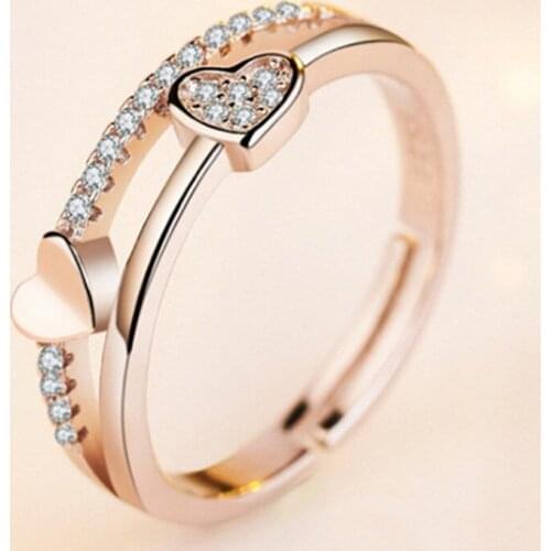 2021 Fashion Ladies Double Layer Love Heart Crystal Adjustable Opening Ring for Women Engagement Party Wedding Jewelry