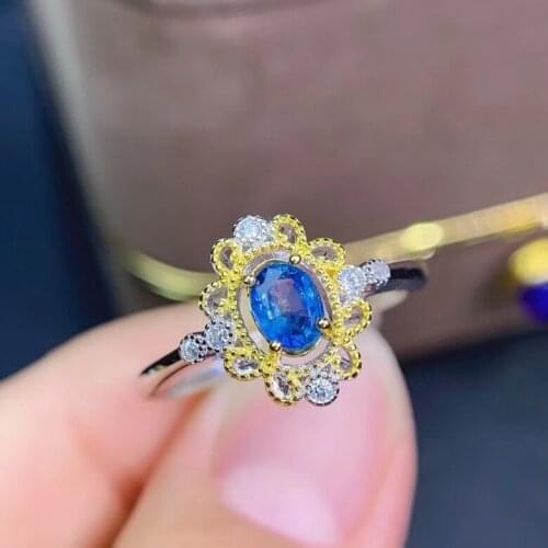 Luxurious Hollowing Two colors Sun flower Natural blue sapphire Ring Natural gemstone ring S925 silver women party gift Jewelry