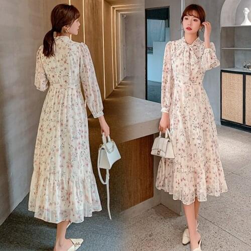 Gentle Wind Floral Chiffon Dress Female 2021 Spring New Style Scarf Collar Slim Sweet Long Dress Women Retro Elegant Robe zh515