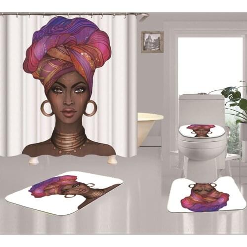 4pcs/set Figure Print Non Slip Toilet Cover Soft Mat Set Waterproof Shower Curtain with 12 Hooks for Bathroom Toliet