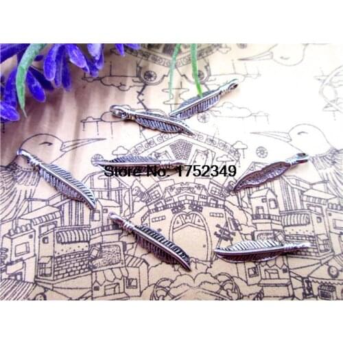 50pcs-- Feather charms, AntiqueTibetan silver Mini Feather Charm Pendant, drop 19x4mm