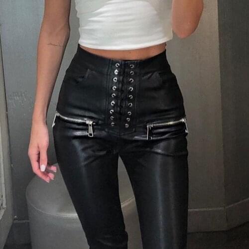 Black Faux Pu Leather Pencil Pants Lace Up Zipper High Waist Slim Skinny Streetwear Autumn Casual Trousers Women 2021 Hot Sale
