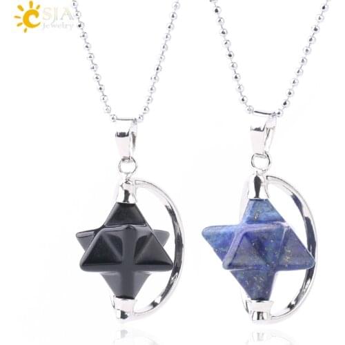 CSJA Natural Stone Merkabah Pendant Meditation Necklace Pink Crystal Lapis Lazuli Tiger Eye Drowsing Energy Wicca Jewelry F633