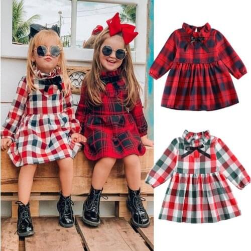 Kids Dresses For Girls Long Sleeve Plaid Print Bowknot Dress New Year Costume Princess Dress Kids Christmas Clothes Vestidos
