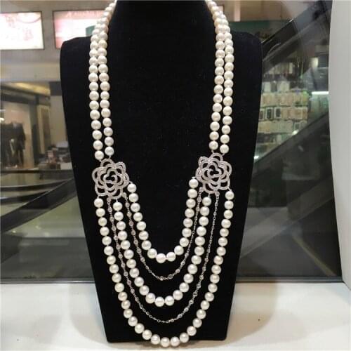 Hand knotted natural 7-8mm white freshwater pearl flowers zircon accessories long necklace sweater chain fashion jewelry