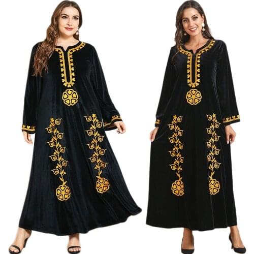Ethnic Velvet Muslim Women Long Dress Autumn Winter Arab Jilbab Turkish Embroidery Kaftan Plus Size Arab Jilbab Middle East New