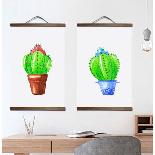 Custom Nordic style green plants canvas decorative painting Store bedroom living room wall art solid wood scroll painting decor