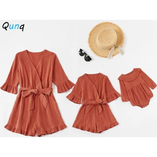 Fashion Mother Daughter Matching Onesies Romper V-neck Ruffle Jumpsuits for Women Girls Baby Summer Family Holiday Clothing