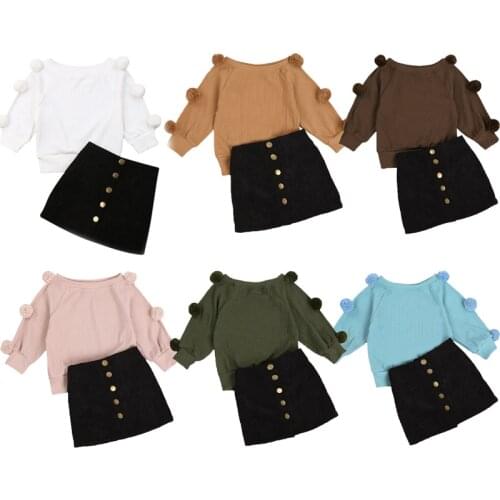 2 Pcs Toddler Baby Girl Clothes Set Long Sleeve Round Neck Pompom Knitwear Top+Button Skirt Solid Color Outfits