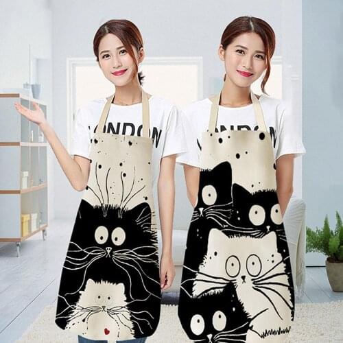 Kitchen Apron Cute Cartoon Cat Sleeveless Cotton Linen Apron for Men and Women Household Cleaning Tools