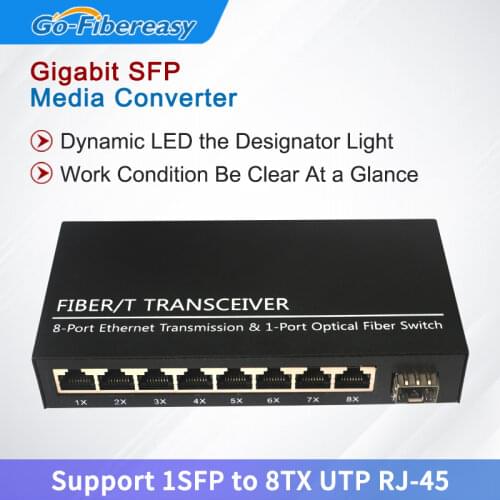 SFP Gigabit Converter fibra optica Switch 1-Port SFP Slot to 8-Port TX RJ45 Connector SFP Fiber Optic Transceiver Switch